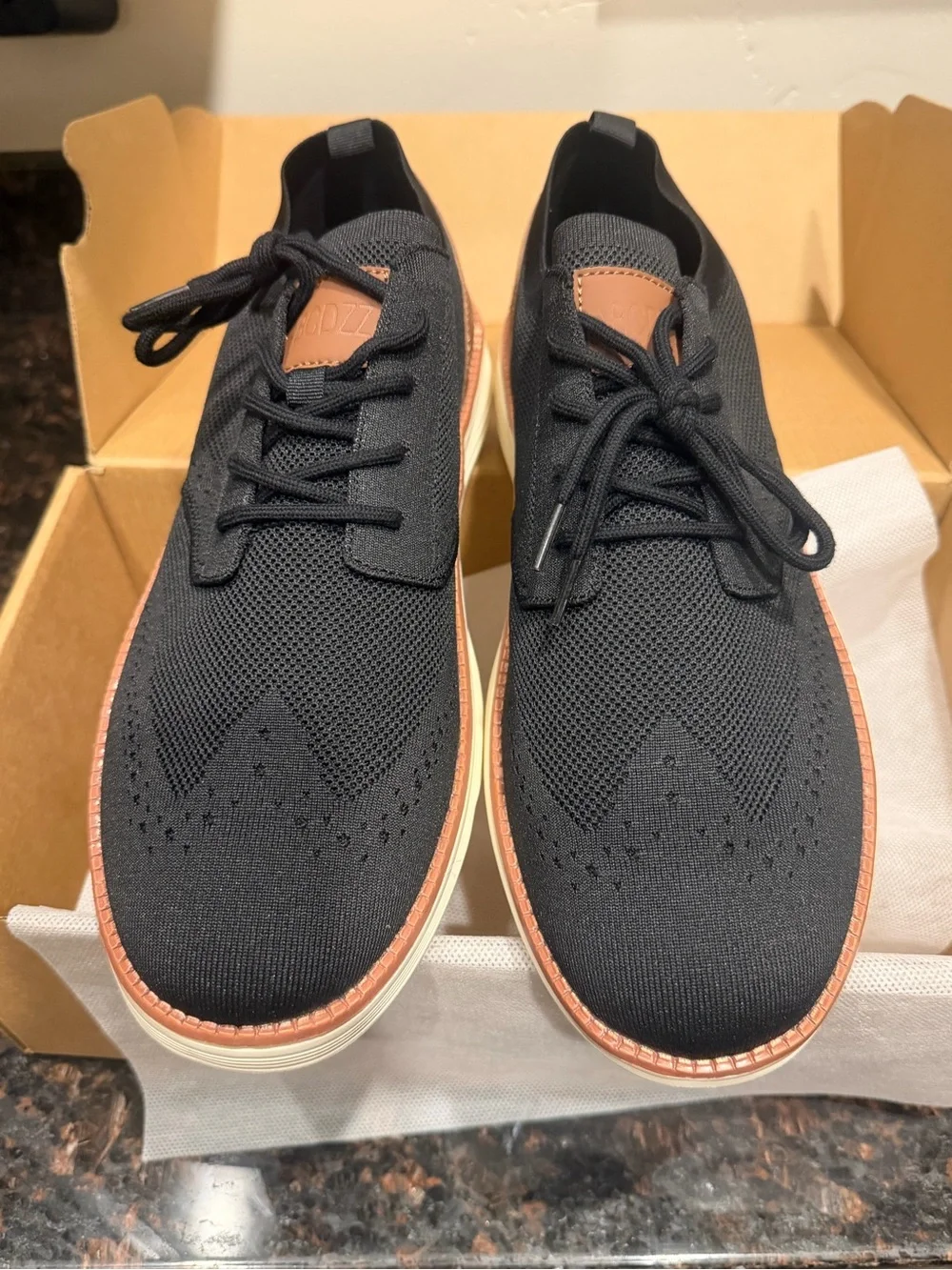 Men's Athletic Knit Lace-Up Sneakers. Black with Brown Trim. Size 46. New in box